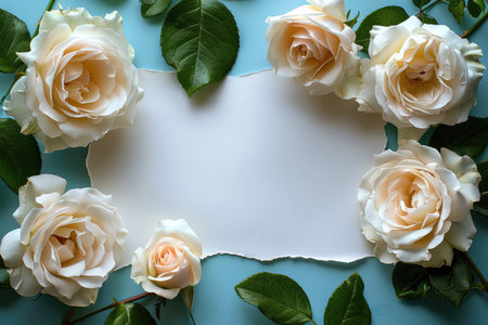 A composition featuring white roses, green leaves, and a torn piece of paper against a light blue backdrop.の素材
