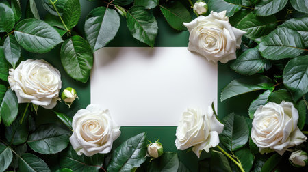 A flat lay arrangement of white roses and green leaves surrounding a blank card.の素材