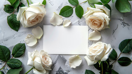 A white card surrounded by white roses and petals, set on a gray textured background.の素材