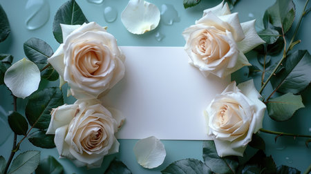 A flatlay featuring white roses, green leaves, and a blank card on a teal background.の素材
