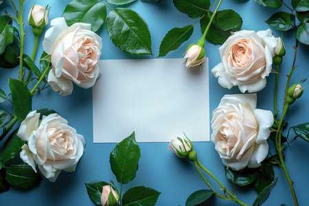 A flat lay image featuring a blank card surrounded by white roses and green foliage on a blue background.の素材