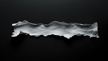 A single, ripped piece of white paper with a crumpled texture isolated against a black background.の素材