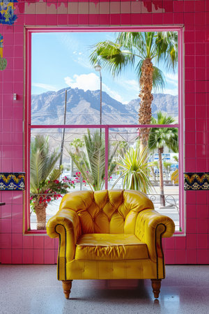 A yellow armchair positioned in front of a window with a view of palm trees, mountains, and a blue sky. The window frame and wall are covered in pink tiles.の素材