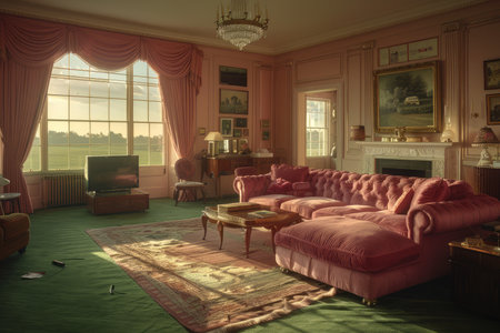 A plush living room with a pink sofa, a fireplace, and a large window showcasing a green lawn.の素材