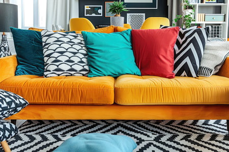 A yellow sofa with colorful pillows and a black and white patterned rug.の素材