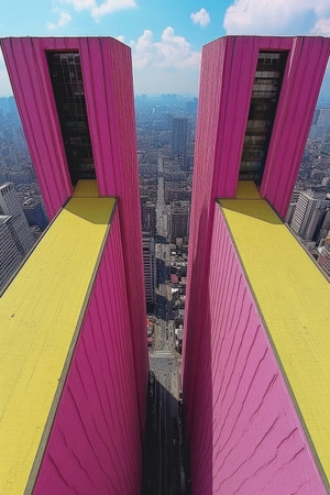An aerial view of two towering pink buildings with yellow rooftops framing a city street, showcasing the urban landscape.の素材