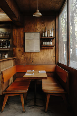 An empty wooden booth with a table and napkins, next to a window offering a view of trees and a glimpse of a street outside.の素材