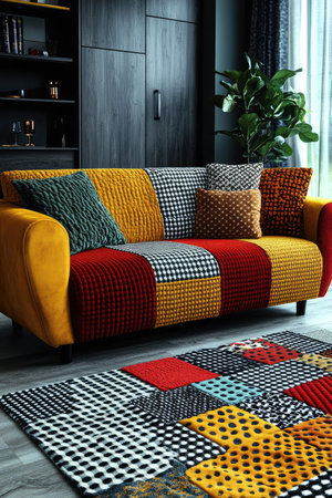 A modern living room interior with a yellow patchwork sofa, geometric pattern rug, and a potted plant.の素材