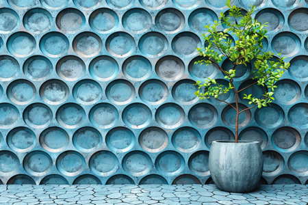 A potted green plant stands against a blue wall with a circular pattern.の素材