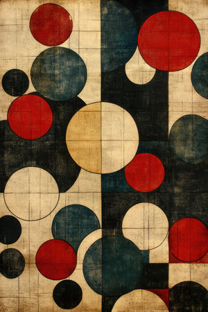 A visually engaging abstract artwork featuring a geometric pattern of circles in red, blue, and yellow, set against a textured canvas-like background.の素材