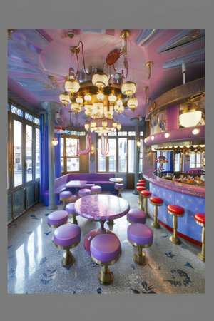 A modern bar interior with a large crystal chandelier and vibrant purple and blue accents, creating a retro-chic atmosphere.の素材
