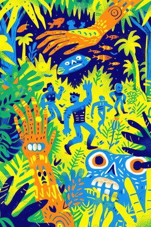 Abstract colorful illustration of figures, hands and leaves on a bright yellow background.の素材