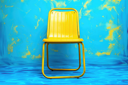 A single yellow metal chair stands against a blue wall with yellow splatters.の素材