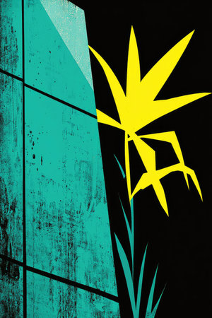A digital illustration featuring a stylized yellow plant against a geometric turquoise and black background.の素材
