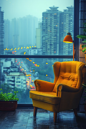 An armchair by a window overlooking a rainy cityscape with a lamp and plant nearby.の素材