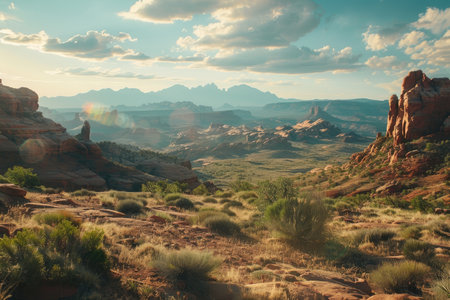 A wide shot showcasing the dramatic beauty of a desert landscape with red rock formations and a distant mountain range.の素材