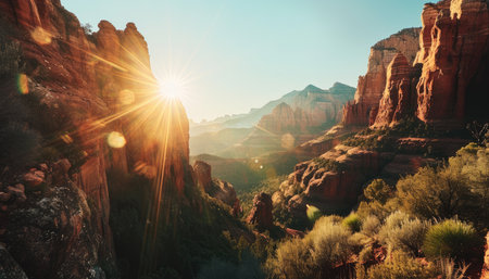 A breathtaking view of red rock canyon at sunset, with sunbeams illuminating the scene.の素材