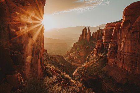 A breathtaking view of red rock formations bathed in the golden light of the setting sun, casting long sunbeams across the landscape.の素材