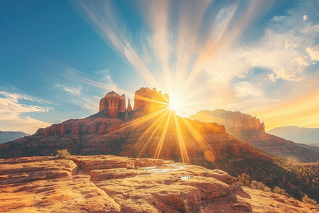 A panoramic view of red rock formations in Sedona, Arizona, illuminated by the golden rays of a dramatic sunset.の素材