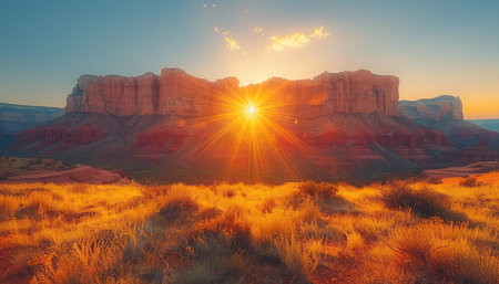 A scenic sunset over red rock cliffs with golden grass in the foreground.の素材