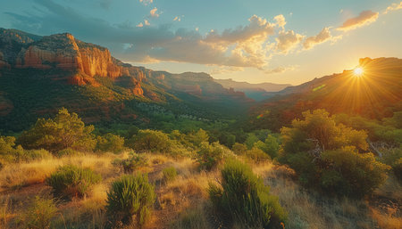 A breathtaking sunset over Red Rock Canyon, showcasing the beauty of nature with golden rays illuminating the landscape.の素材