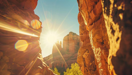 A view through a red rock canyon with a sunburst shining through the cliffs.の素材
