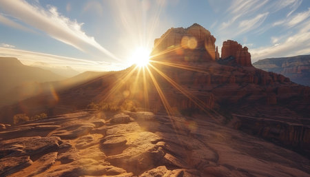 A panoramic view of red rock formations in Sedona, Arizona, bathed in the warm golden glow of sunrise.の素材