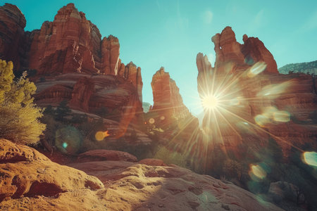 A picturesque landscape of red rock formations bathed in the golden rays of the sun, creating a breathtaking scene of natural beauty in a desert canyon.の素材