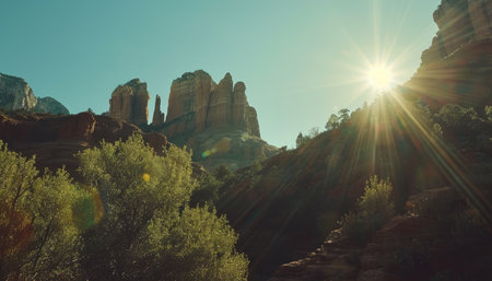 A photograph capturing the sun's rays illuminating red rock formations amidst a lush green forest landscape.の素材