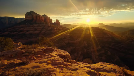 A stunning sunset over a landscape of red rock formations, with golden rays of light illuminating the scene.の素材