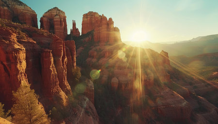 A panoramic view of red rock formations in Sedona, Arizona, bathed in the warm glow of the setting sun.の素材