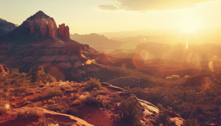 A stunning sunset over red rock formations in a desert landscape, showcasing the golden light and warm colors of the natural environment.の素材