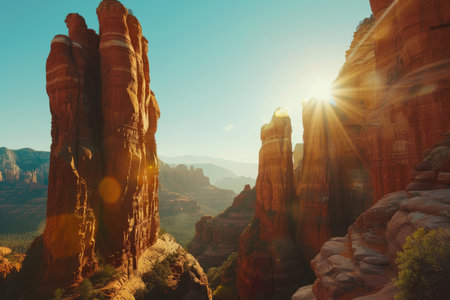 A stunning view of red rock formations at sunset in Sedona, Arizona.の素材
