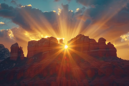 A breathtaking sunset scene with sun rays illuminating red rock formations in a desert landscape.の素材