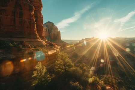 A scenic vista of red rock formations and trees bathed in the golden rays of sunlight at sunrise.の素材