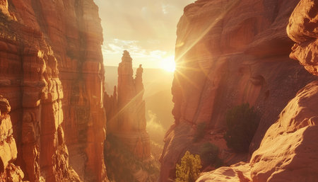 A stunning view of a sunset shining through a gap in a canyon, with red rock walls on either side and glowing with golden light.の素材