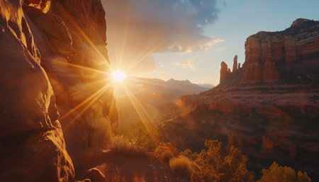 A stunning view of a canyon illuminated by sunrays during sunset with red rock formations in the distance.の素材