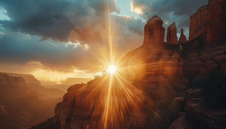 A breathtaking sunset over red rock formations with sunbeams illuminating the scene.の素材