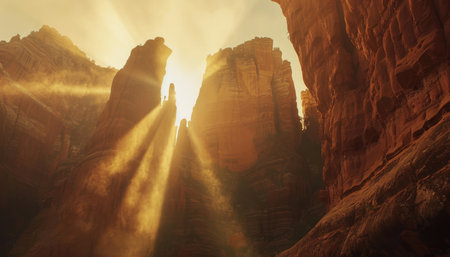 A low-angle shot of a canyon in Sedona, Arizona, with sunbeams shining through the rock formations.の素材