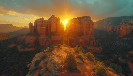 A breathtaking sunset over red rock formations in Sedona, Arizona, illuminating the landscape with golden light.の素材