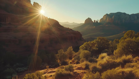 A panoramic view of a red rock canyon with the sun shining through the rocks, illuminating the surrounding trees and shrubs in the foreground.の素材