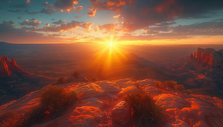 A breathtaking sunrise over a red rock desert landscape with a distant mountain range, showcasing the sun&#39;s rays illuminating the scenery.の素材