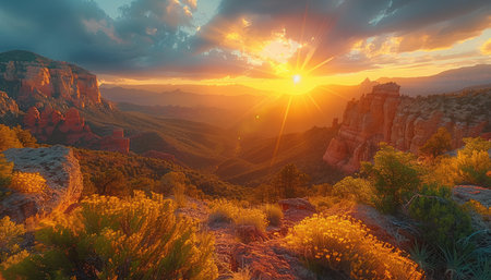 A breathtaking sunset over a canyon with red rock formations, casting golden light on the landscape.の素材