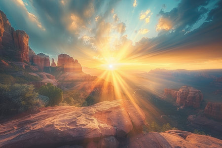 A breathtaking sunset casts warm light across red rock formations in a vast desert landscape.の素材