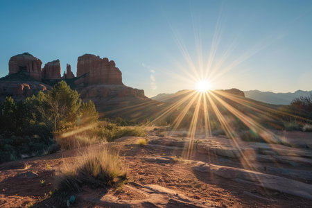 A sunburst illuminates a scenic landscape with red rock formations in Sedona, Arizona.の素材