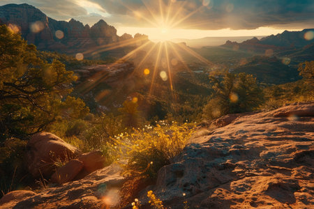 A picturesque sunset over the red rock mountains of Sedona, Arizona, showcasing the dramatic beauty of nature with glowing light rays and lens flare.の素材
