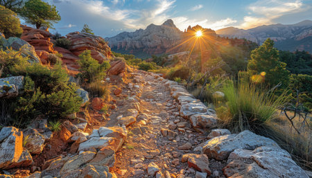 A scenic view of a rocky path winding through a mountain landscape with the setting sun illuminating the scene.の素材