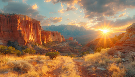A breathtaking panorama of a sunset over red rock mountains, illuminating the landscape with golden rays.の素材