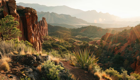 A panoramic view of a rocky landscape with sun rays and lush vegetation, showcasing the beauty of nature at sunset.の素材