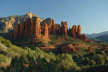 A scenic landscape showcasing red rock formations and lush green vegetation in Sedona, Arizona.の素材
